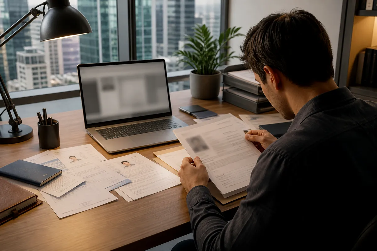 office scene with passport application documents