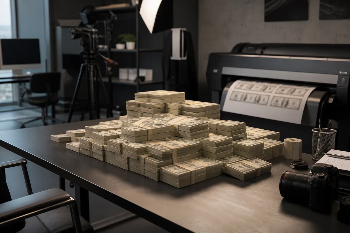 workspace with realistic prop money bundles