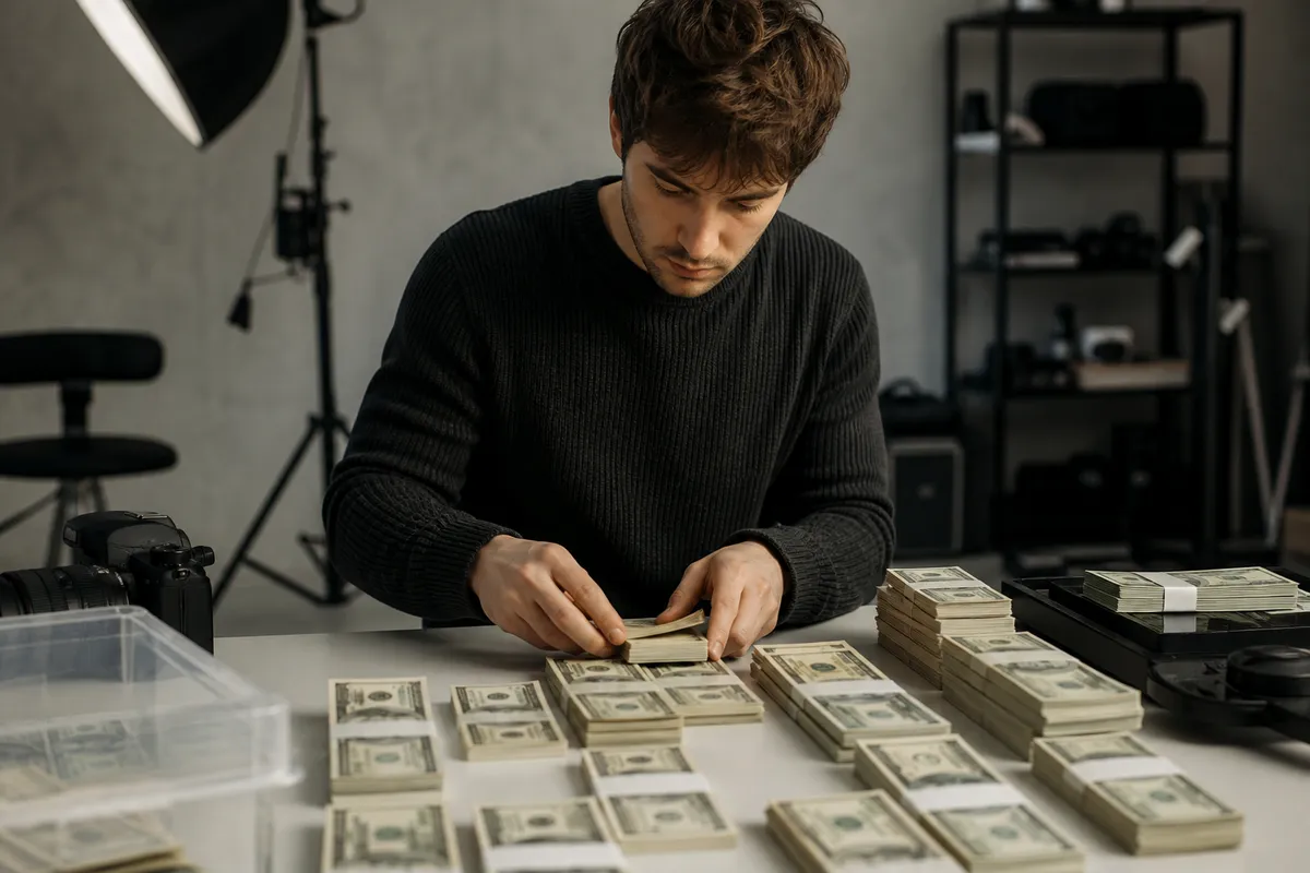 person organizing prop money in a studio