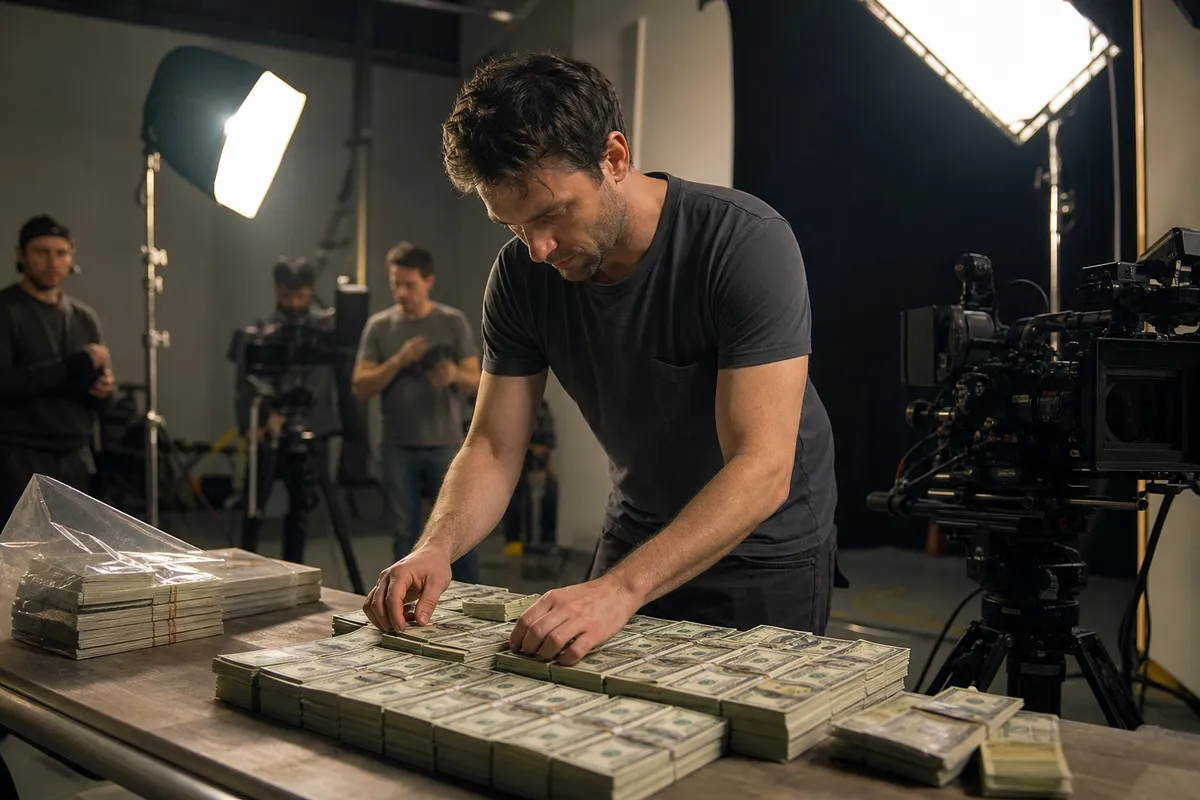 film crew managing prop money on film set