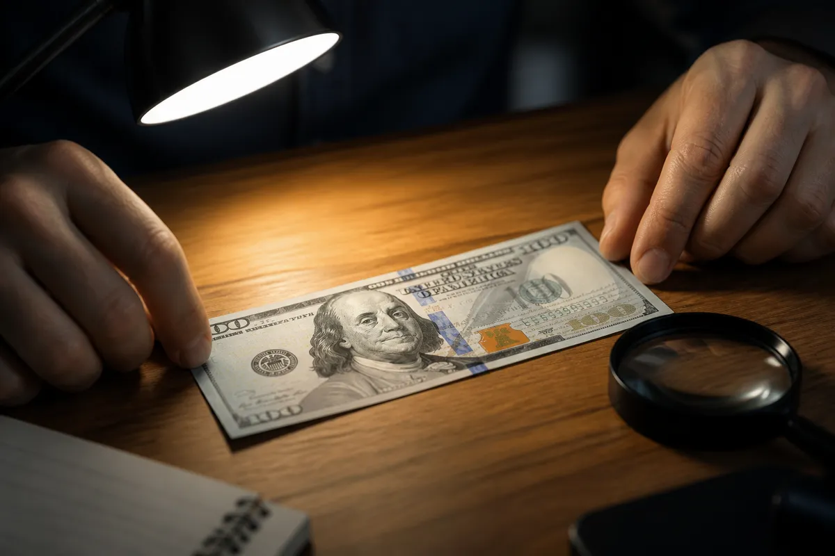 person inspecting a hundred dollar bill