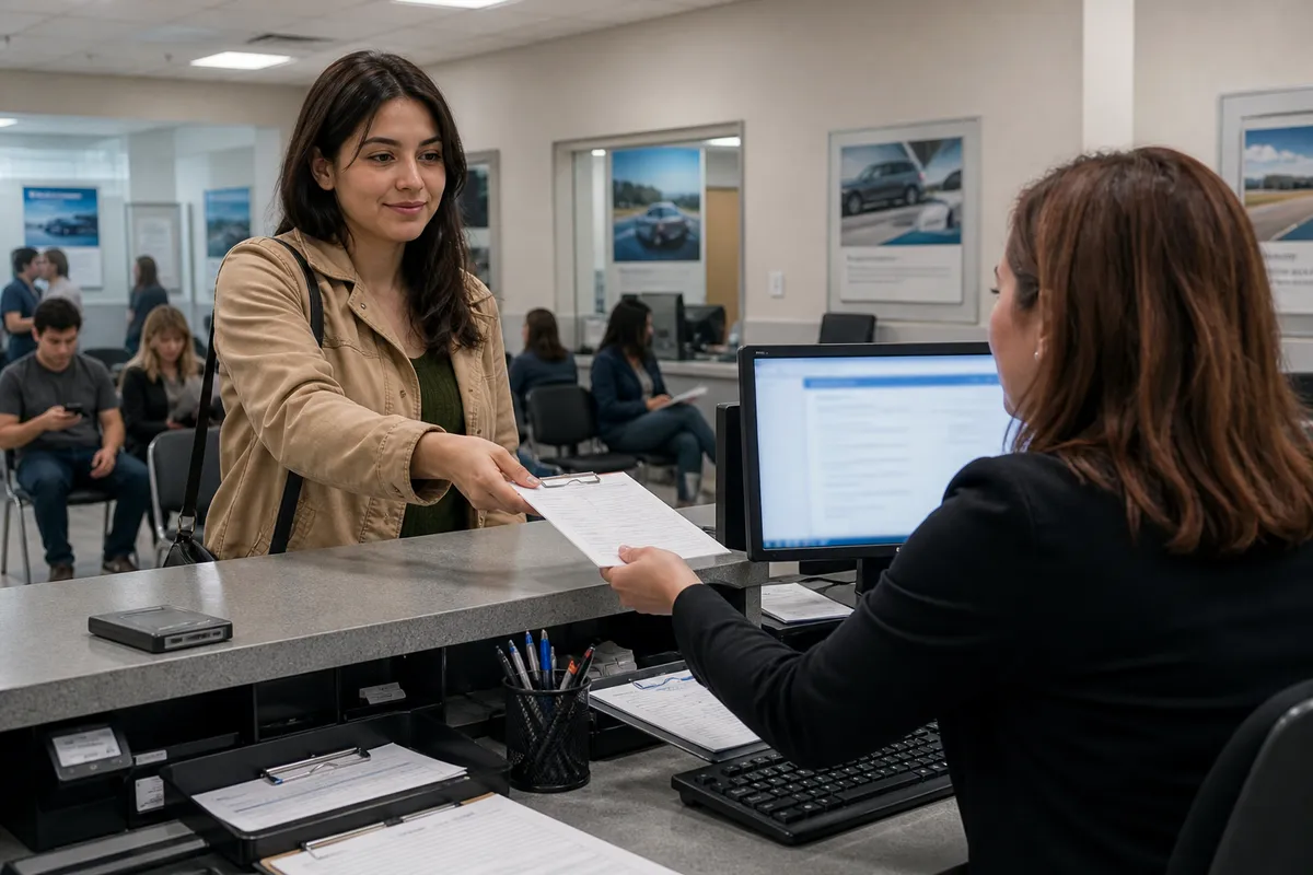 person submitting application at DMV counter