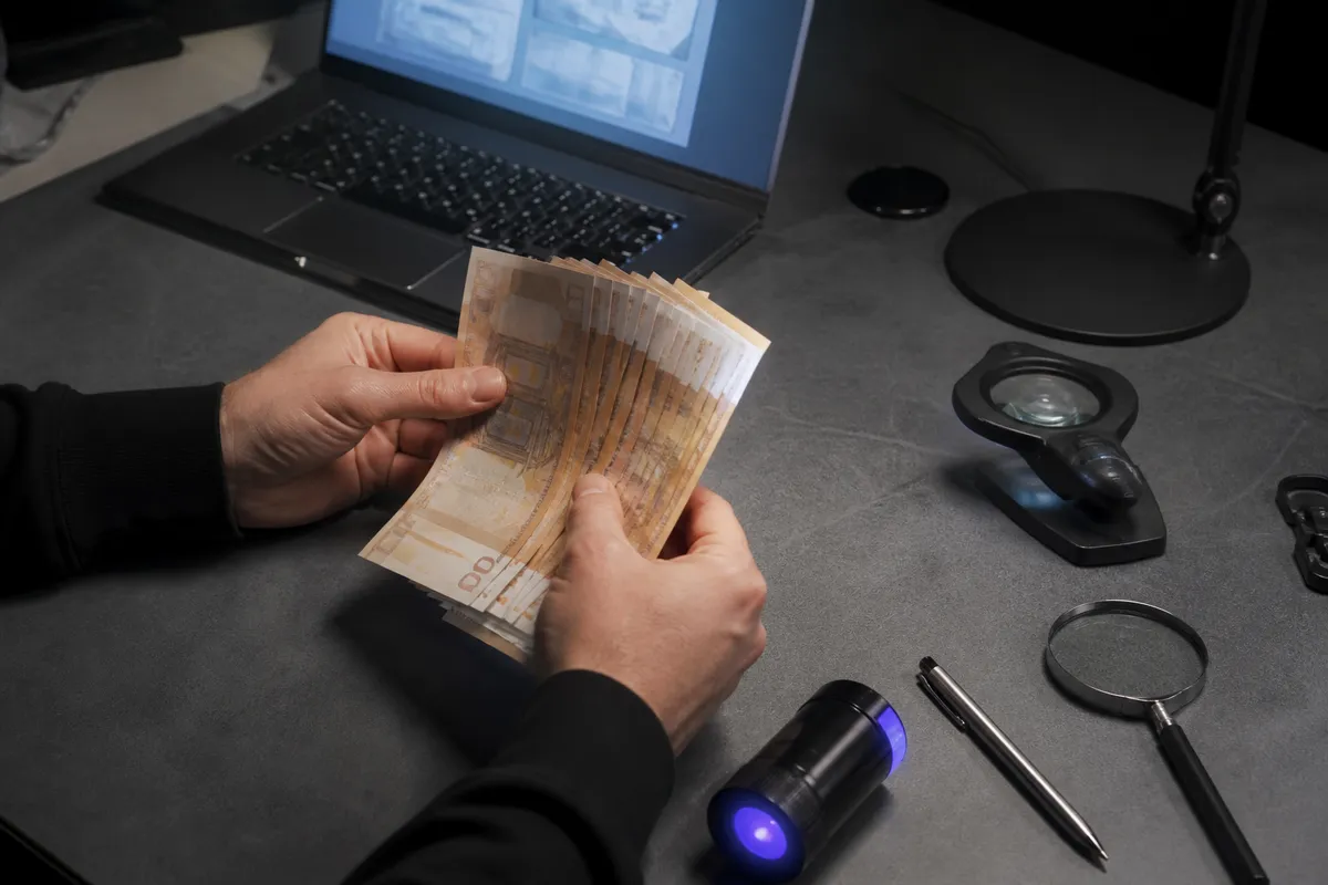 hands inspecting counterfeit euro banknotes