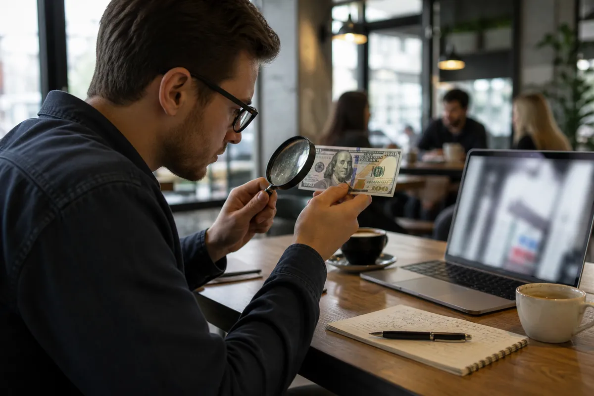 person inspecting a hundred dollar bill at café