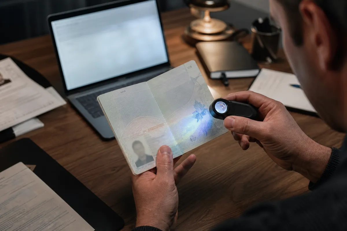 passport inspection at a modern desk