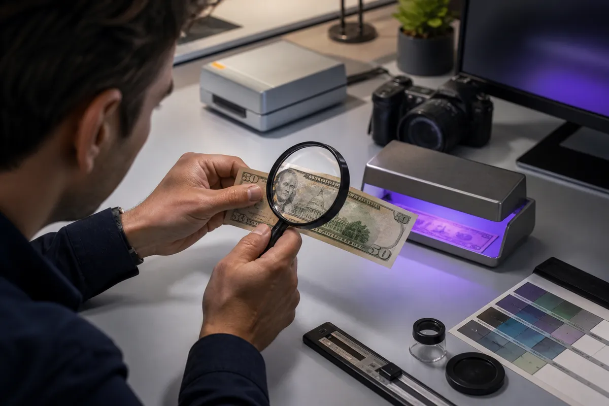 person examining a fifty dollar bill