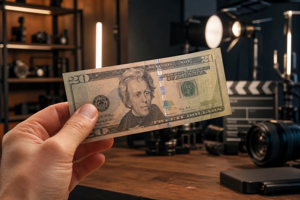 hand holding a realistic prop twenty dollar bill