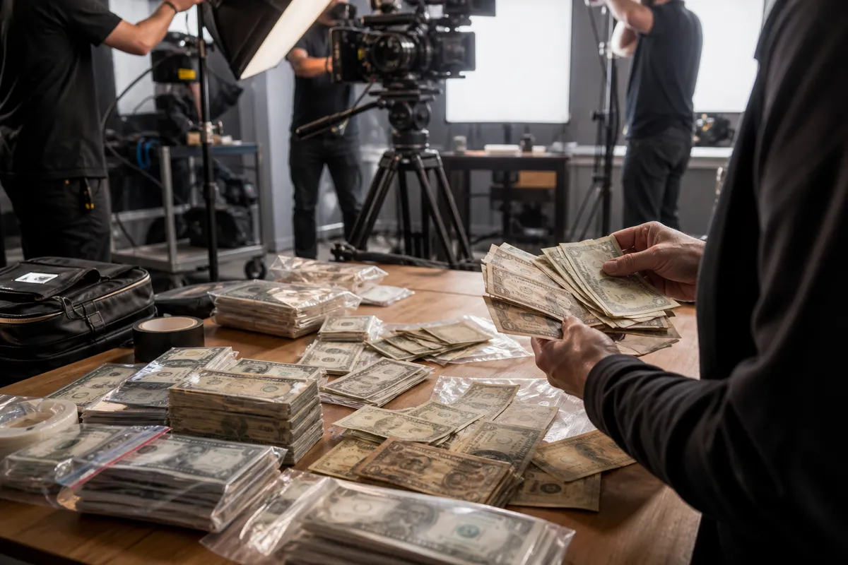 film crew examining realistic prop money on set