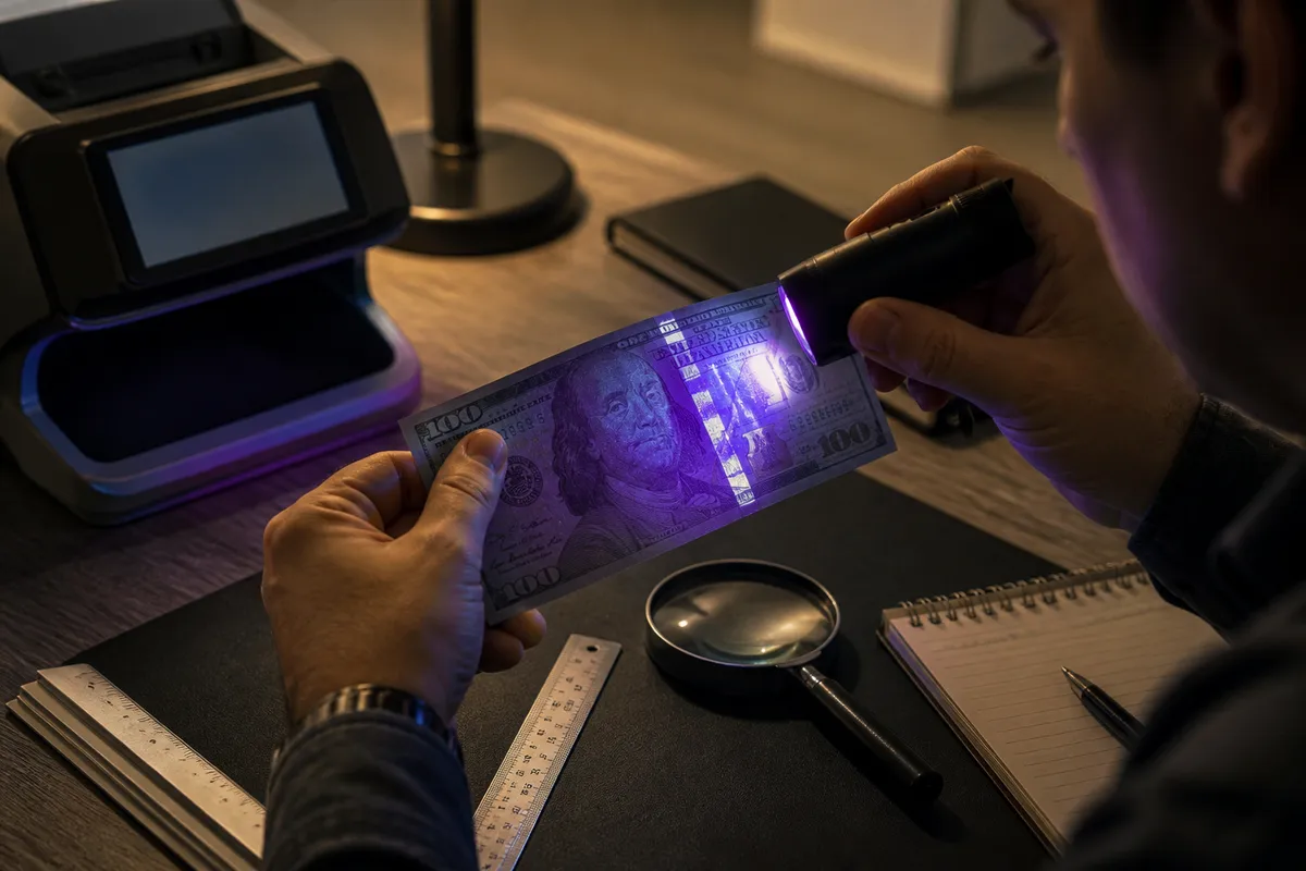 person examining a $100 bill under UV light