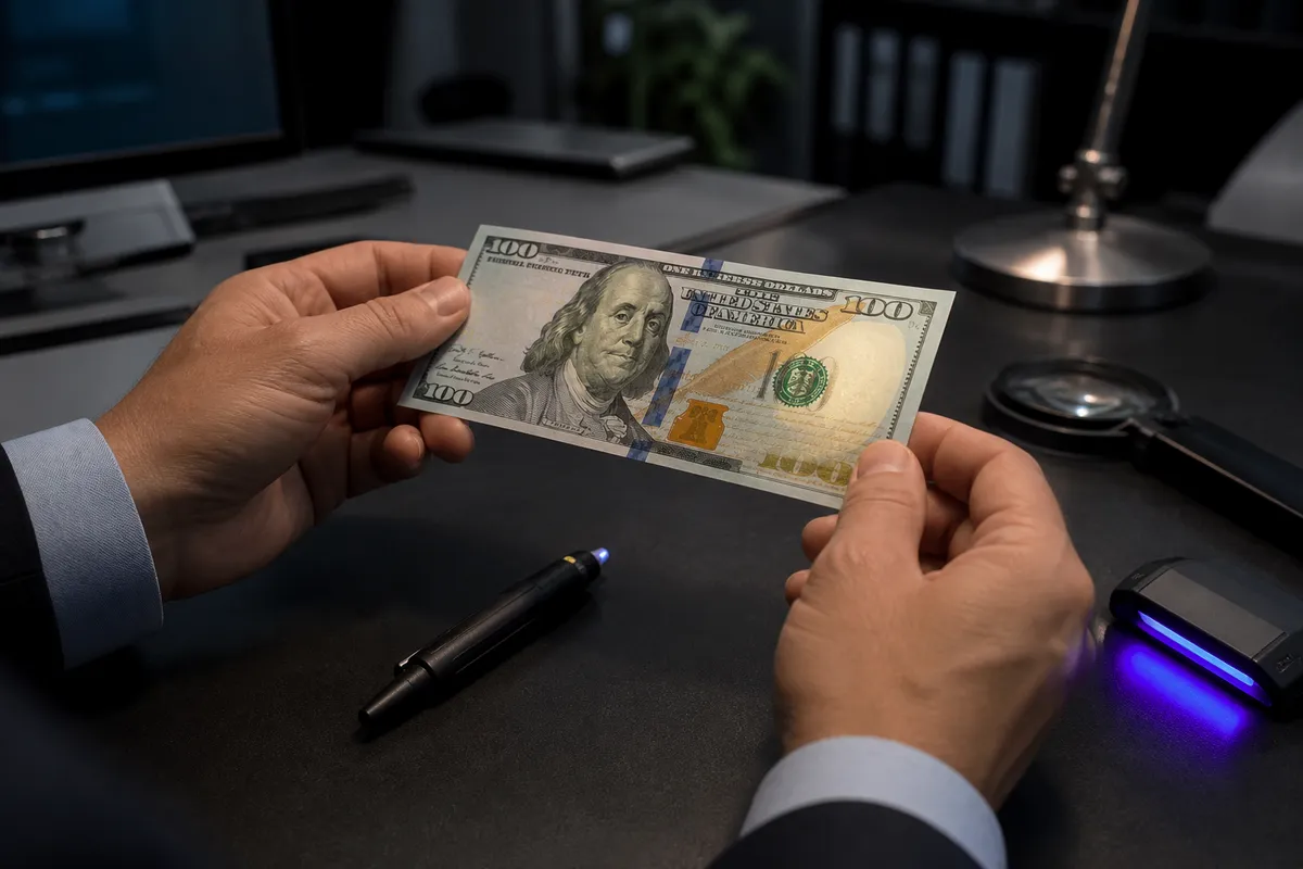 person examining a $100 bill
