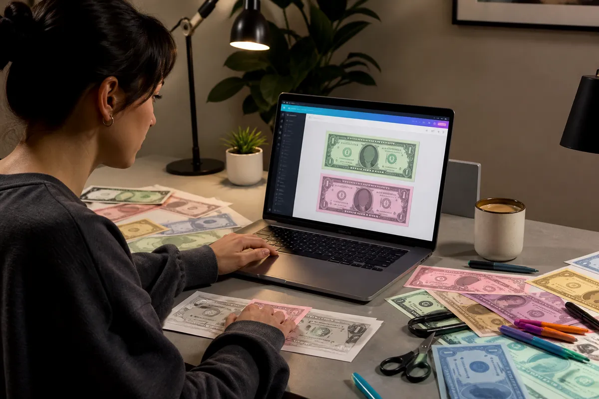 person working with fake dollar bill template