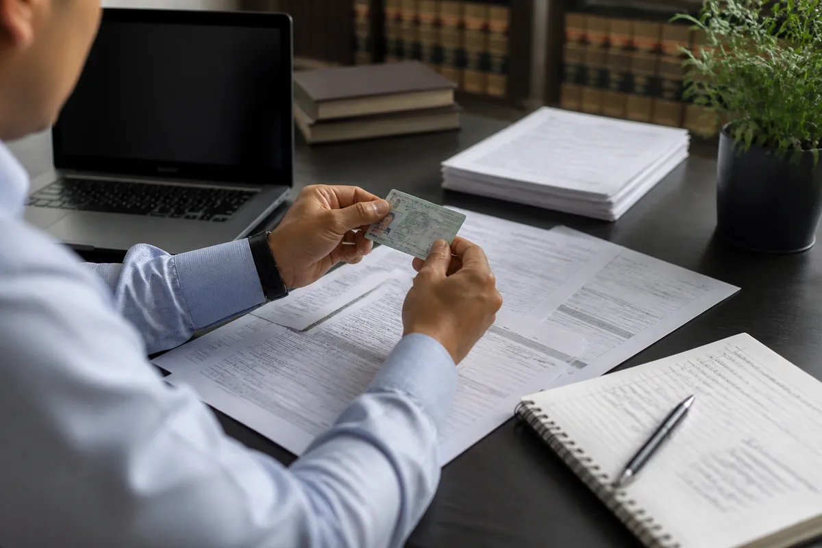 person examining Green Card and immigration documents