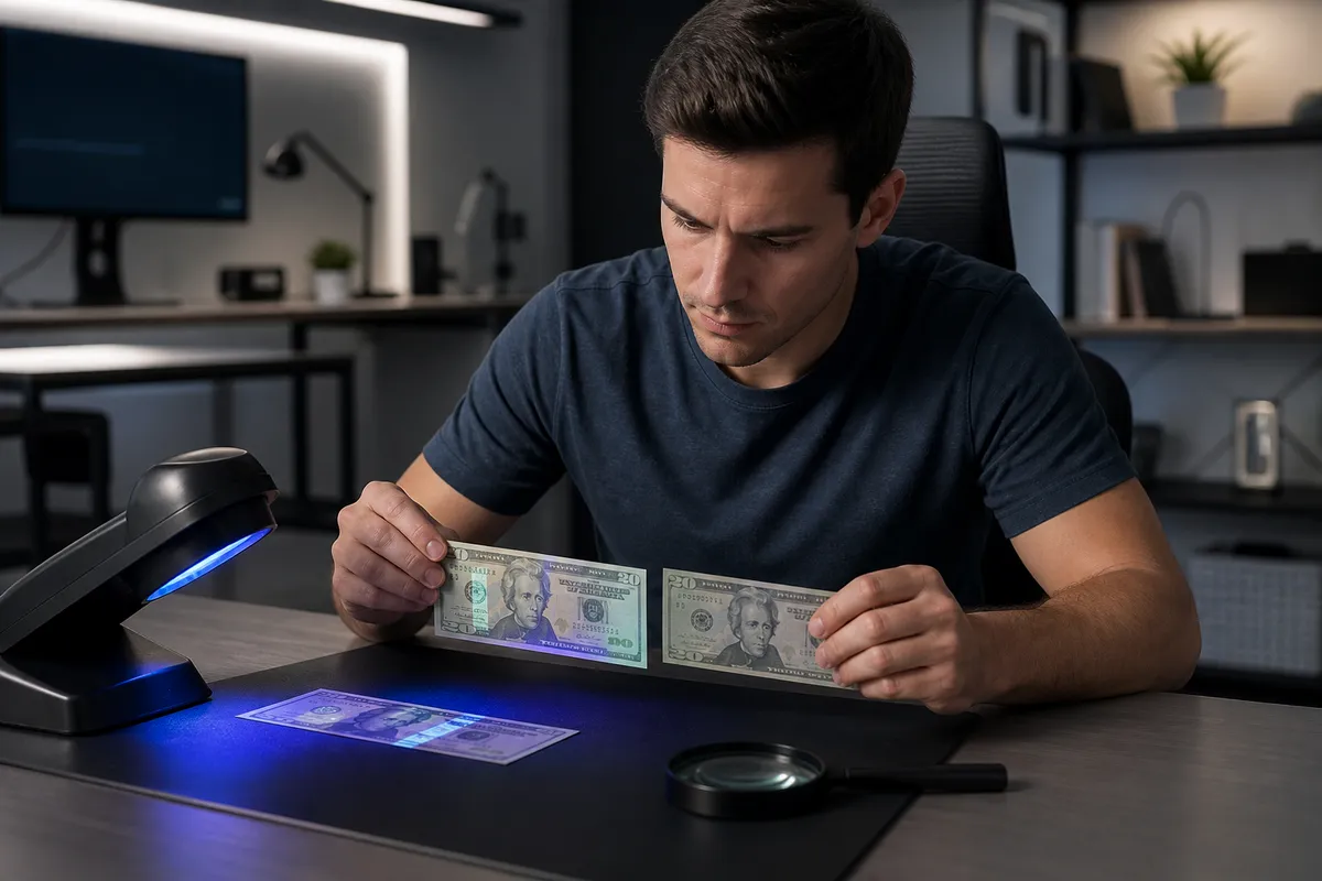 person comparing real and prop twenty dollar bills