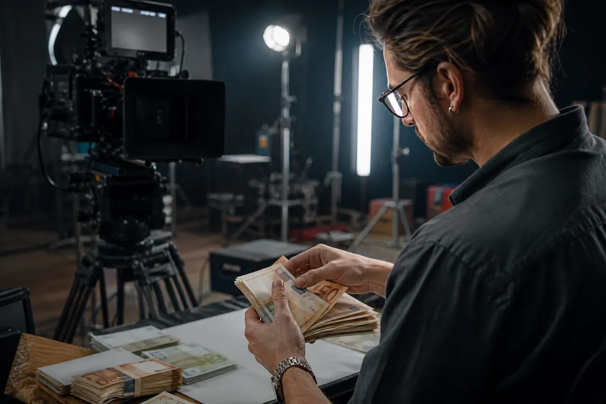 person inspecting euro prop money in studio