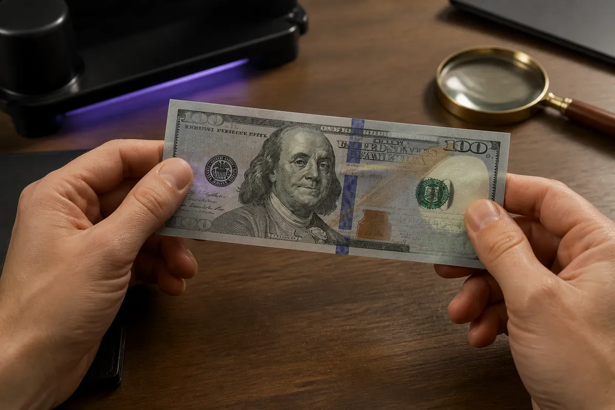 hands examining a 1996 series $100 bill