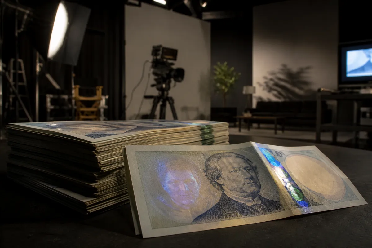 Premier Bills counterfeit money with film set background