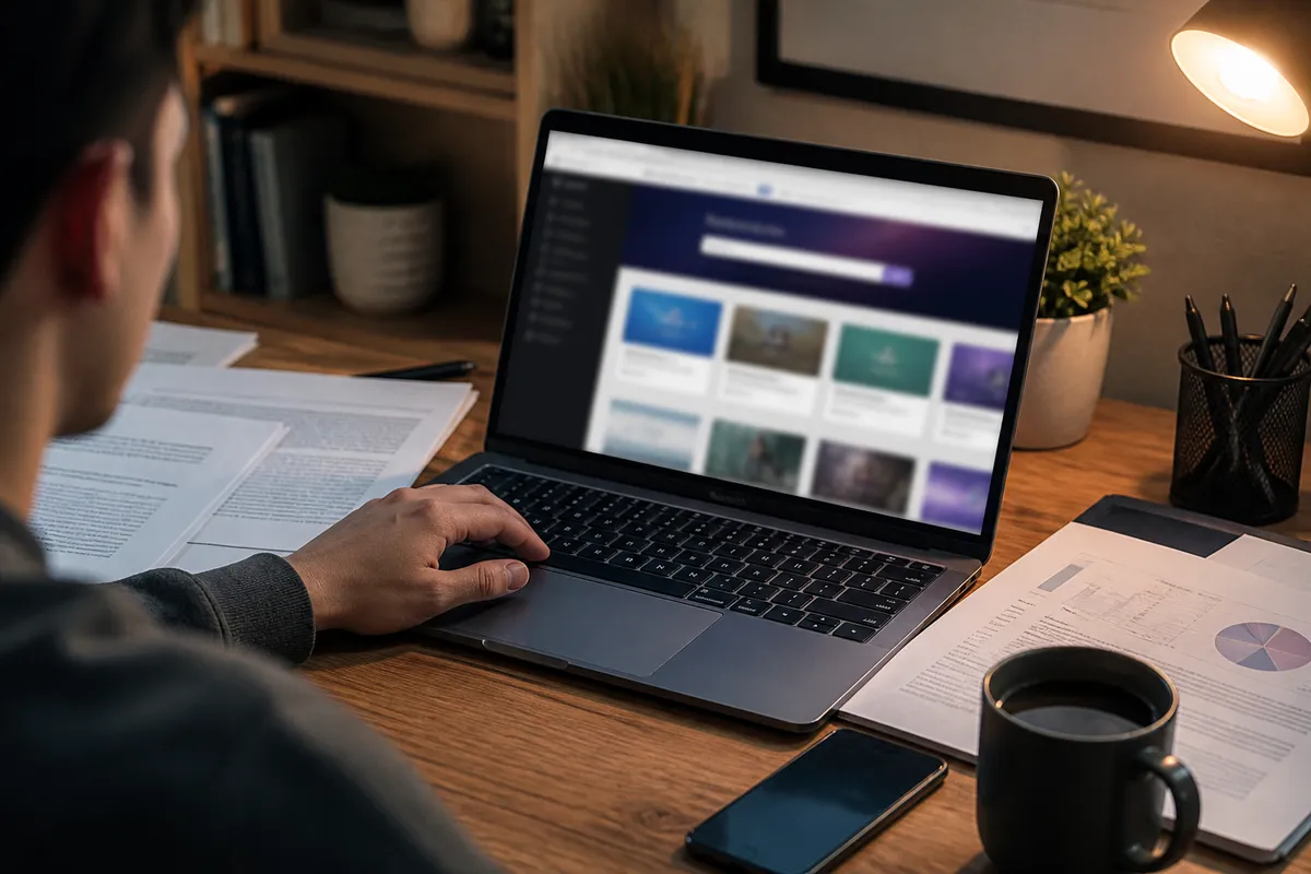person browsing document purchase websites on a laptop
