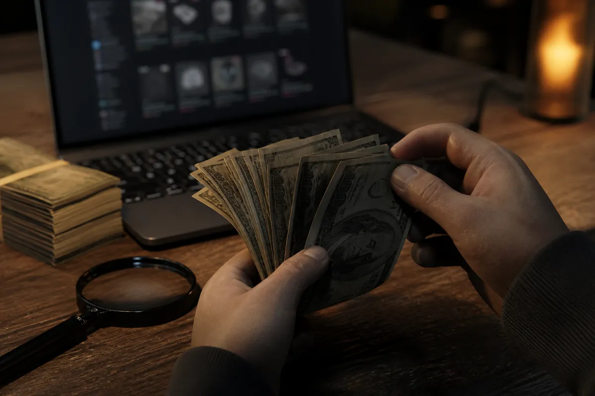 hands examining counterfeit banknotes on a table
