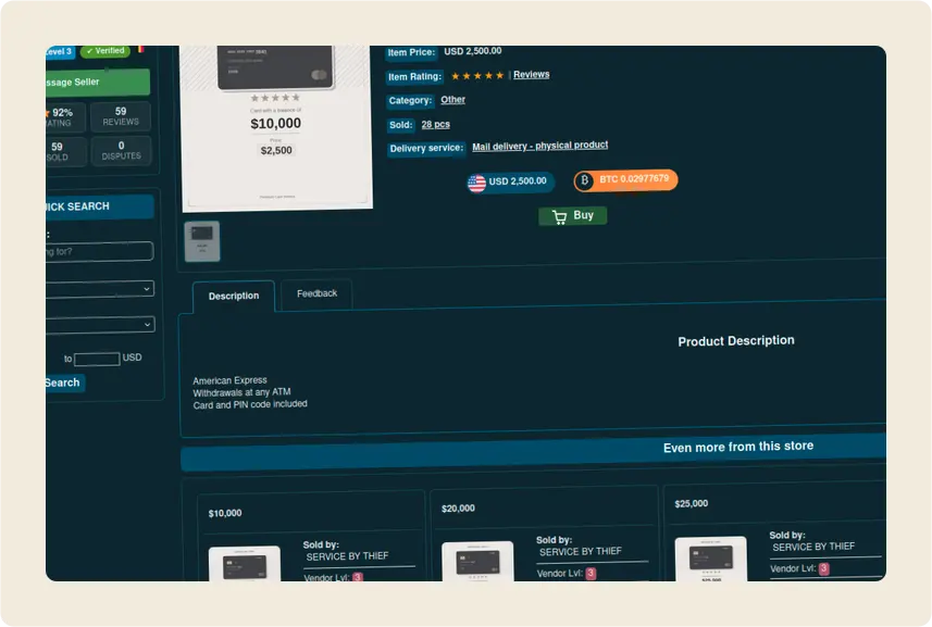 Online store interface offering 'SERVICE BY THIEF'