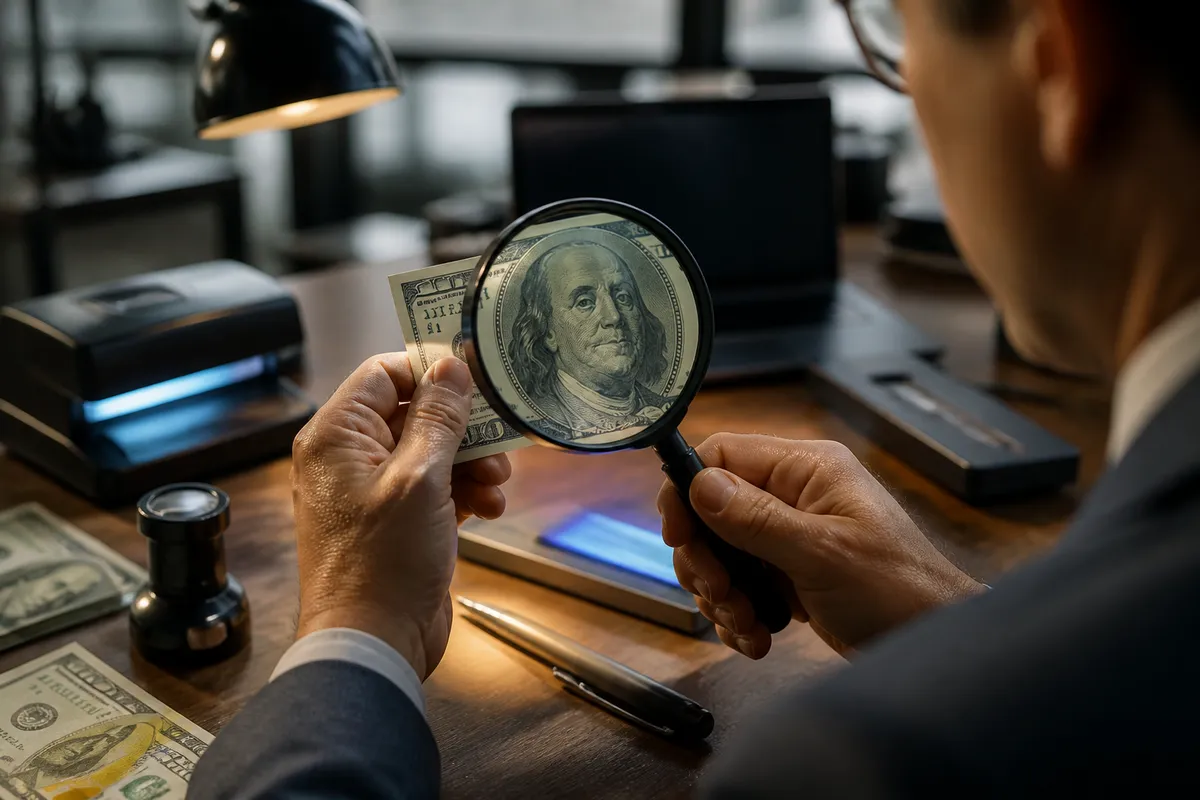 person examining a hundred dollar bill