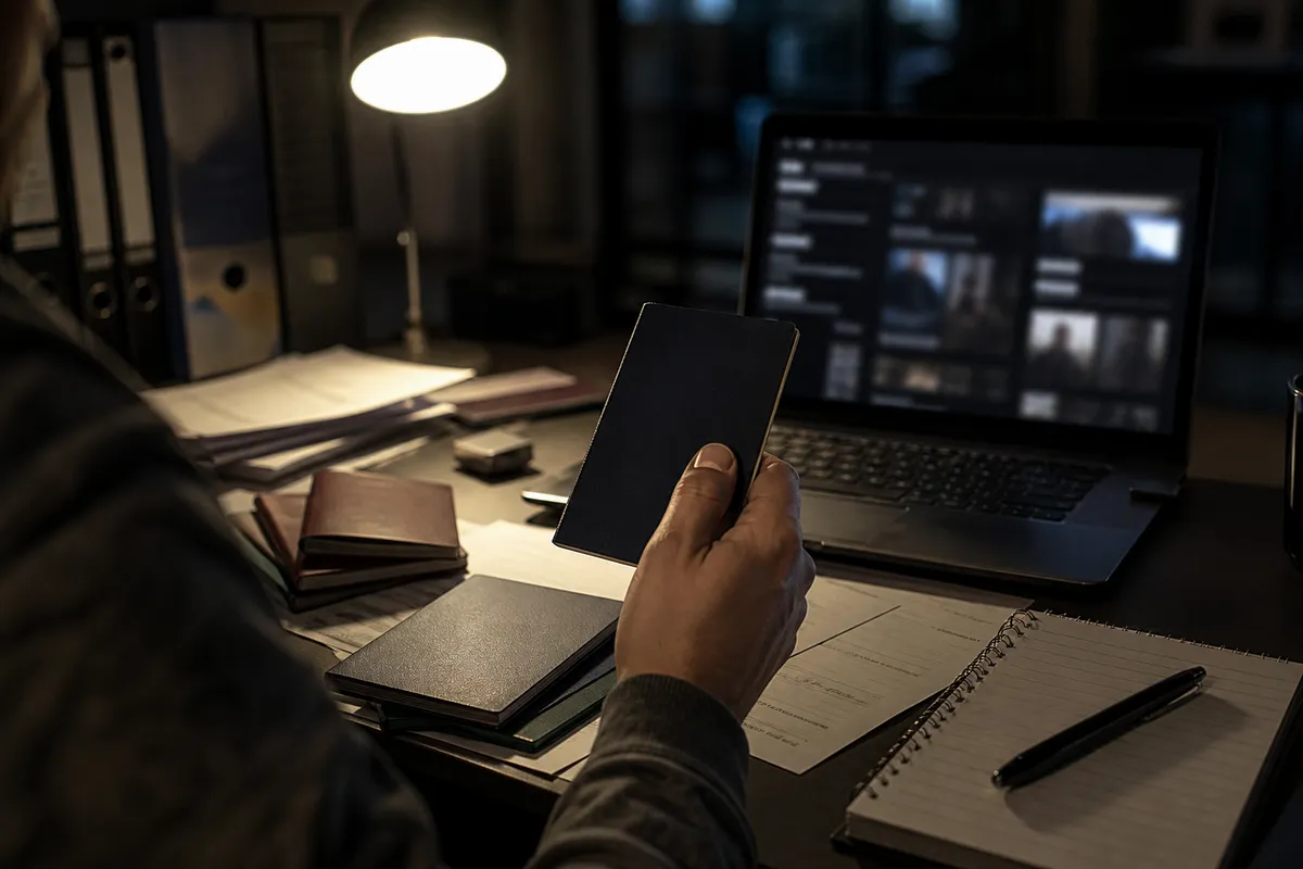 person examining fake passports on a desk
