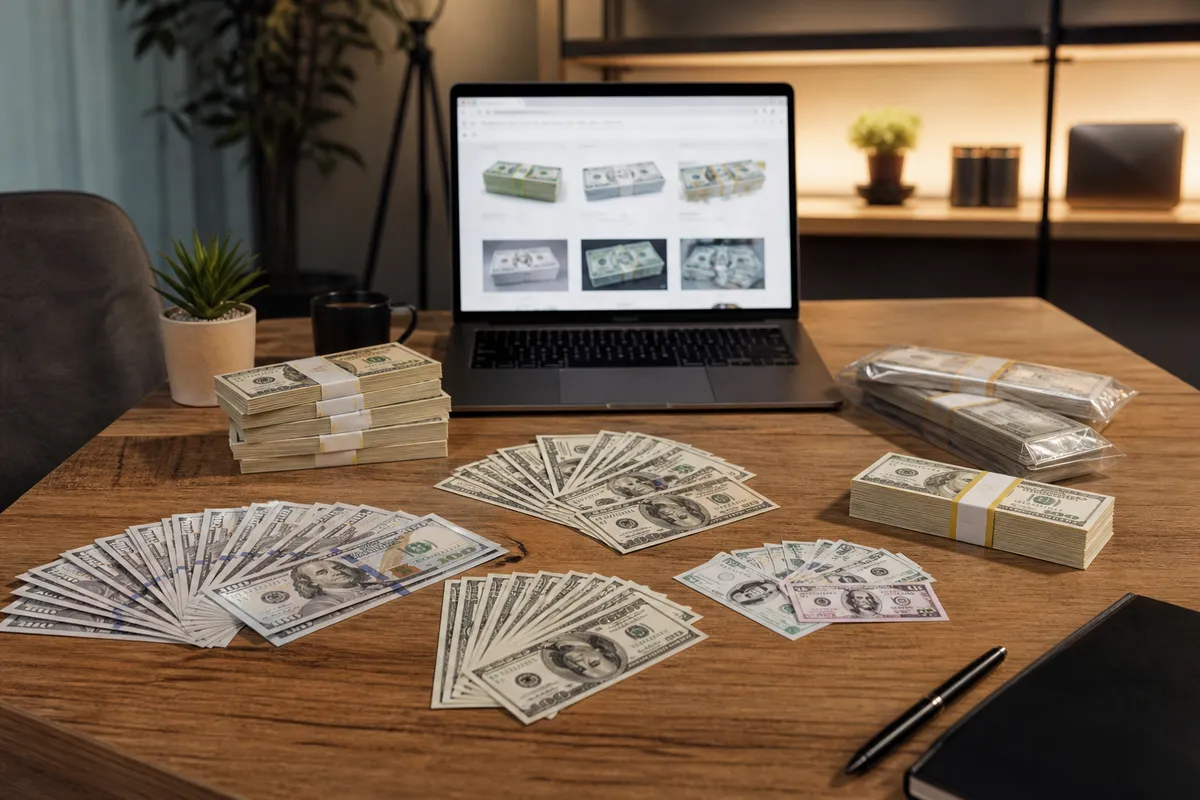 realistic prop money on a modern workspace