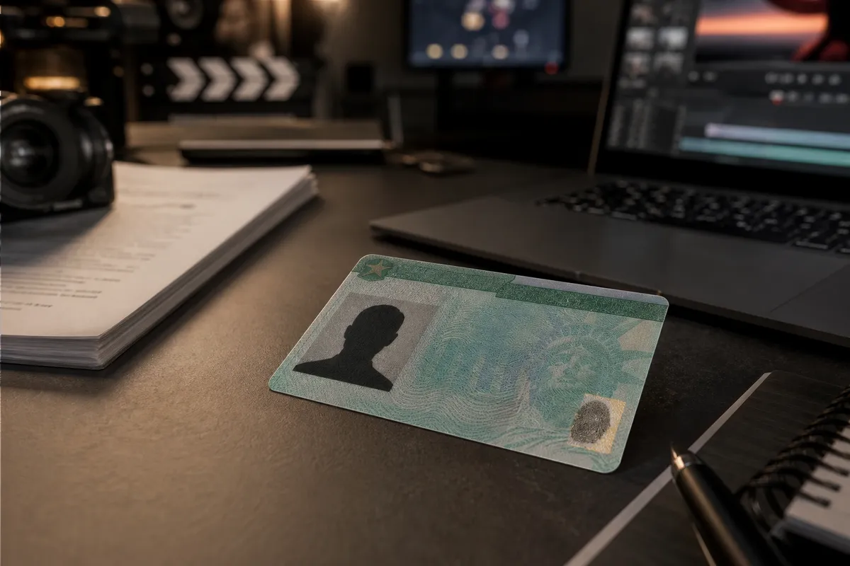 realistic fake green card on a production desk