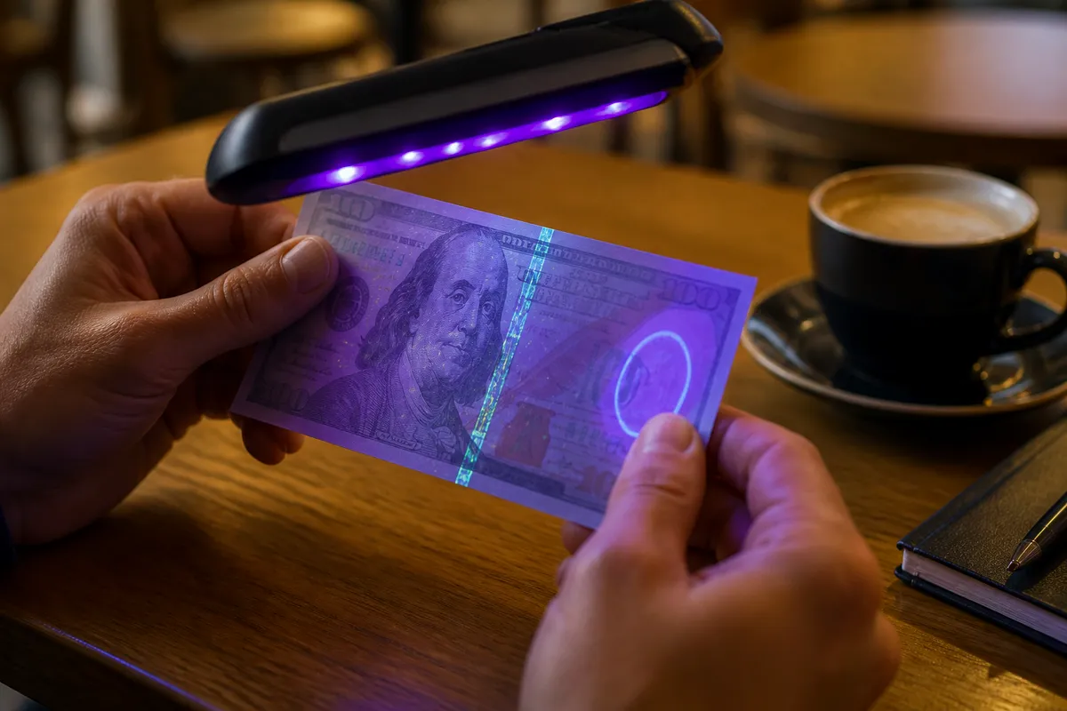 person examining a hundred dollar bill with UV light