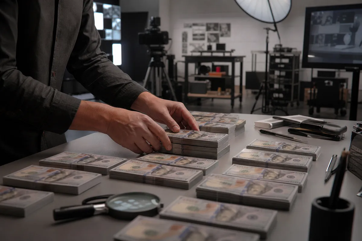 person arranging realistic prop money on a table